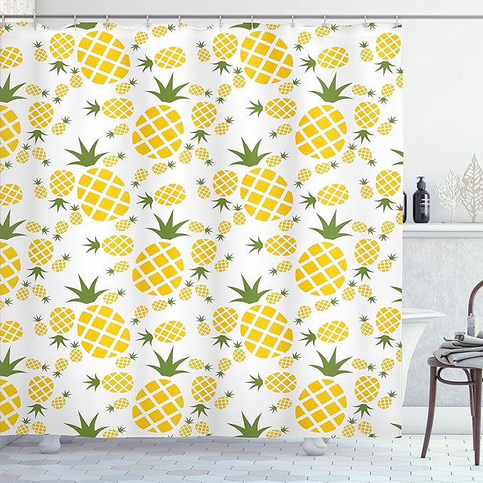 Ambesonne Pineapple Shower Curtain, Funny Pattern of Simplistic Ananas Fruit Repeating Modern Minimal Print, Cloth Fabric Bathroom Decor Set with Hooks, 69" W x 75" L, Olive Green Mustard