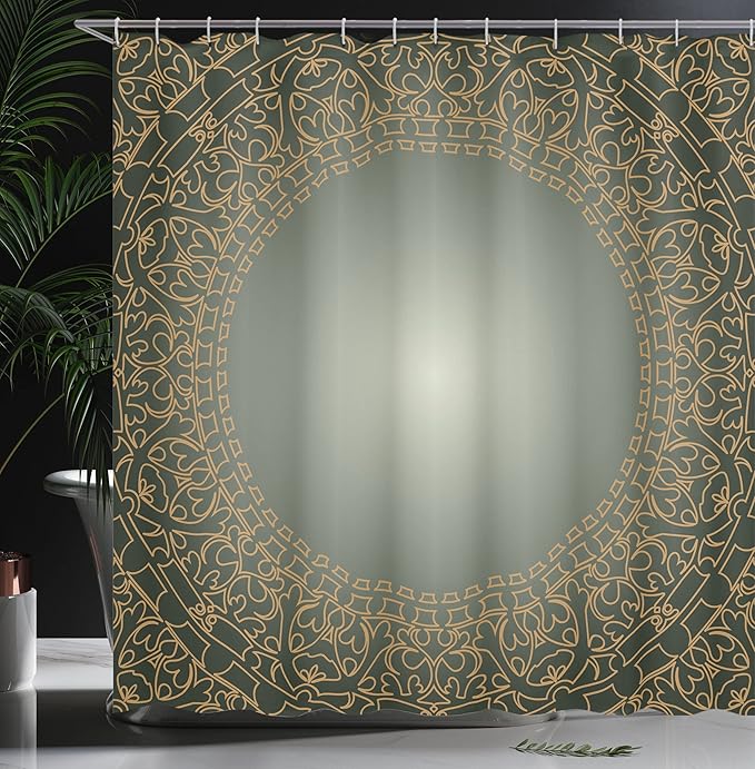 Ambesonne Mandala Shower Curtain, Vintage Frame Eastern Motifs Traditional Retro Classic Art Illustration, Cloth Fabric Bathroom Decor Set with Hooks, 69" W x 70" L, Dark Olive