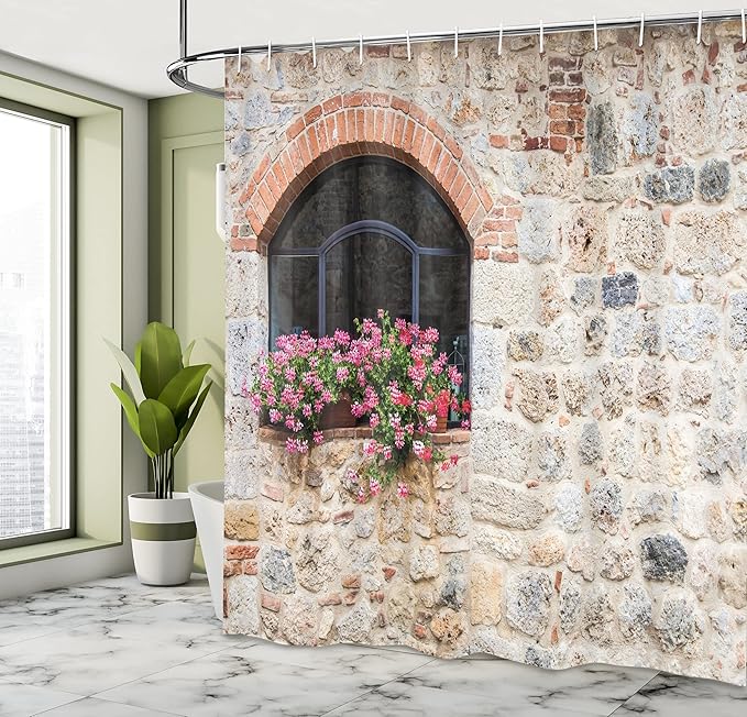 Ambesonne Tuscan Shower Curtain, Gothic Architecture Abandoned Old Stone House Vintage Stairs in Tuscany, Cloth Fabric Bathroom Decor Set with Hooks, 69" W x 75" L, Salmon Ivory