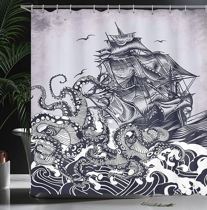 Ambesonne Nautical Shower Curtain, Drawing Kraken Octopus Tentacles with Ship Sail Boat in Ocean Wave, Dorm Essentials Cloth Fabric for Nautical Bathroom Decoration Set with Hooks, 69" W x 75" L, Blue
