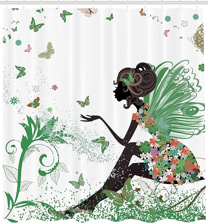 Ambesonne Fantasy Shower Curtain, Spring Girl Wings in a Floral Dress Surreal Garden Butterflies Print, Cloth Fabric Bathroom Decor Set with Hooks, 69" W x 75" L, Fern Green