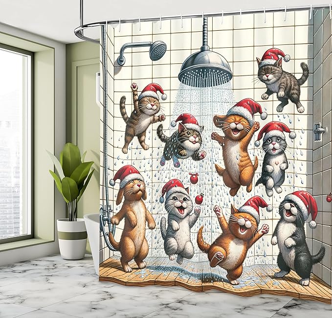 Ambesonne Christmas Shower Curtain, Happy and Cheery Cats Under The Shower Cartoon Kittens in Santa Hats, Cloth Fabric Bathroom Decor Set with Hooks, 69" W x 75" L, Orange Brown Dark Grey