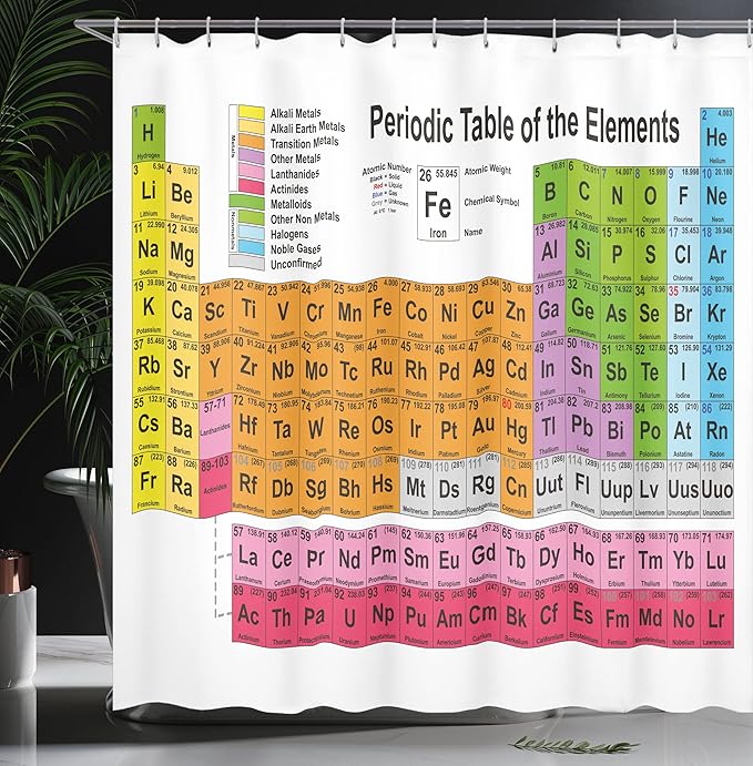 Ambesonne Periodic Table Shower Curtain Home & Classroom Decorations Science Freak Chemistry Lovers Colorful Element Table for Fun Learning Image Cloth Fabric Set with Hooks 69" W x 75" L, White Pink