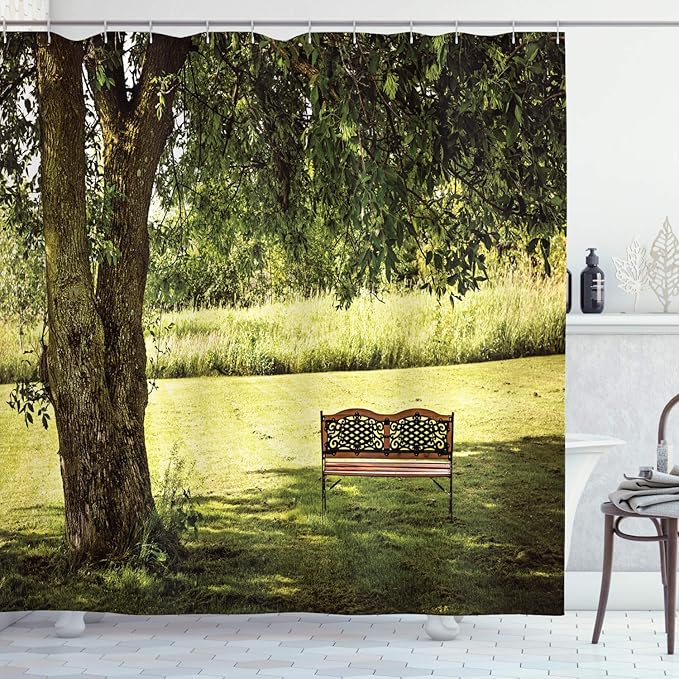 Ambesonne Tree Shower Curtain, Wooden Bench Under Shady Big Tree in The National Park Fresh Tranquil Scenery, Cloth Fabric Bathroom Decor Set with Hooks, 69" W x 70" L, Green Brown