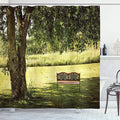 Ambesonne Tree Shower Curtain, Wooden Bench Under Shady Big Tree in The National Park Fresh Tranquil Scenery, Cloth Fabric Bathroom Decor Set with Hooks, 69" W x 70" L, Green Brown