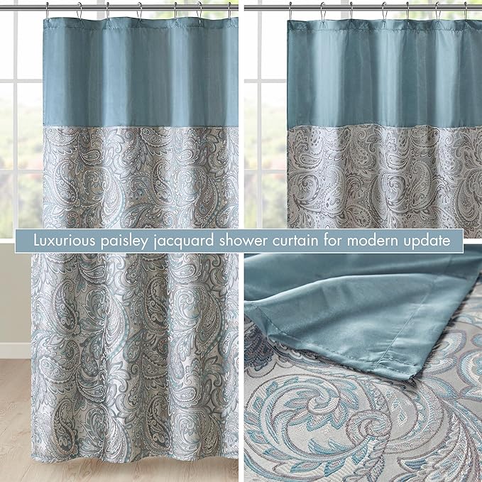 Madison Park Aubrey Shower Curtain Paisley Jacquard Pieced Microfiber Faux Silk Modern Home Bathroom Decorations Bathtub Privacy Screen, Decorative Bathroom, 72" x 72", Teal