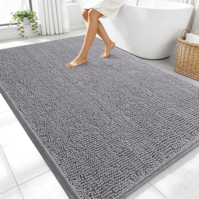 OLANLY Large Bathroom Rugs 70x46, Extra Soft Absorbent Chenille Bath Rugs, Rubber Backing Quick Dry, Machine Washable Bath Mats for Bathroom Floor, Tub and Shower, Home Decor Accessories, Grey