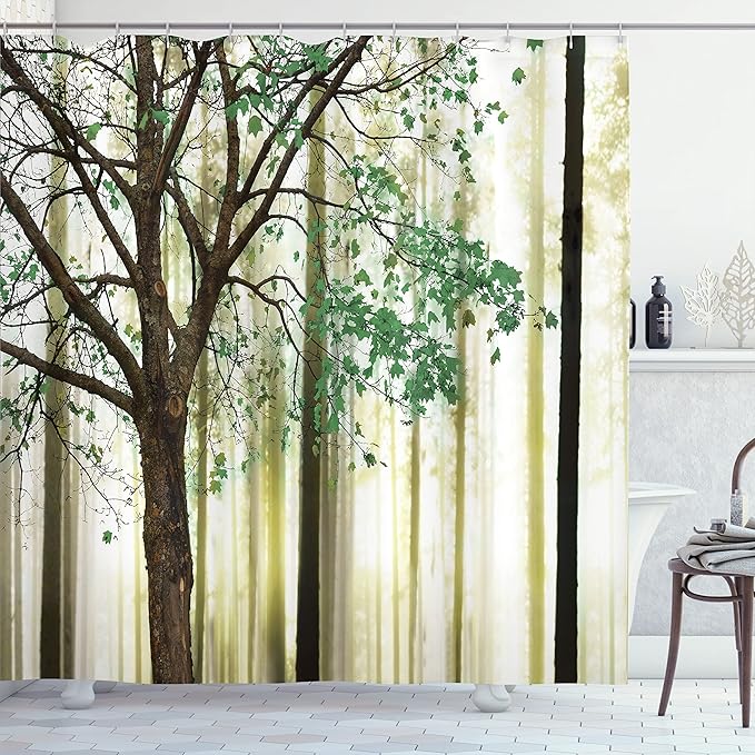 Ambesonne Autumn Shower Curtain, Fall Trees Leaves on Woodland Background Picture, Cloth Fabric Bathroom Accessories Set with 12 Hooks Home Decor for Restroom and Guest Room, 69" W x 70" L, Fern Green