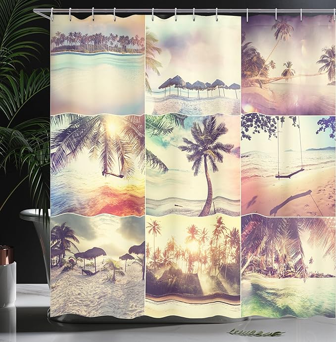 Ambesonne Tropical Shower Curtain, Tropical Beach Theme Adventure Destination Holiday Shore Travel Sunshine Coast, Cloth Fabric Bathroom Decor Set with Hooks, 69" W x 70" L, Beige Cream