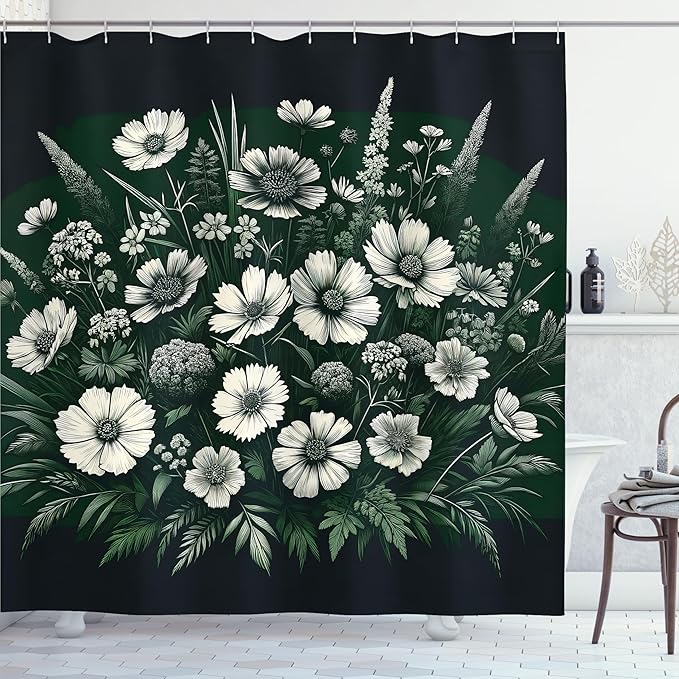 Ambesonne Dark Green Shower Curtain, Delicate Arrangement of Daisies and Pansies on Dark Background Print, Cloth Fabric Bathroom Decor Set with Hooks, 69" W x 70" L, Emerald Off White Grey