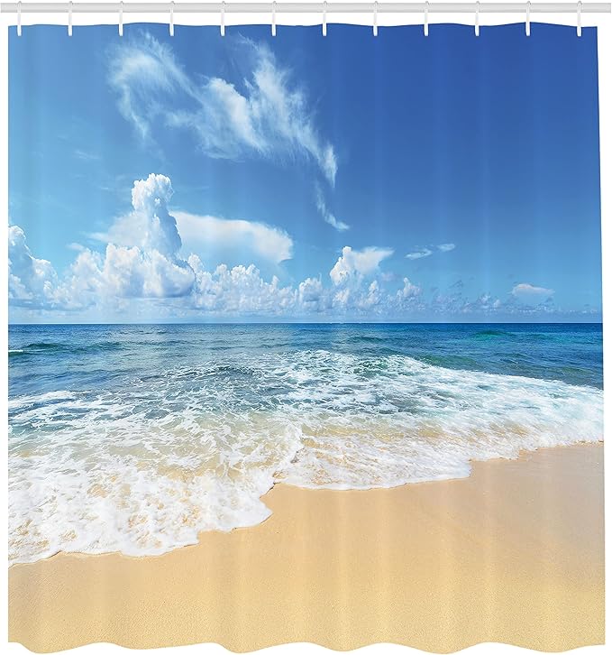 Ambesonne Ocean Shower Curtain, Waves and Paradise Beach with Sky Sun Endless Summer Sea Coast View Tropic Print, Cloth Fabric Bathroom Decor Set with Hooks, 69" W x 84" L, Cream Blue