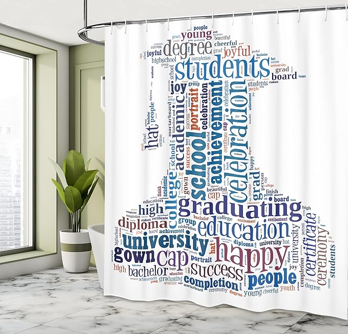 Ambesonne Graduation Shower Curtain, Cap Arrangement Words Bachelor Young Student Grown Art Design, Cloth Fabric Bathroom Decor Set with Hooks, 69" W x 70" L, Navy White