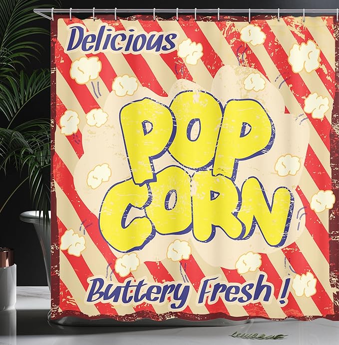 Ambesonne 1960s Shower Curtain, Popcorn Vintage Grunge Delicious Buttery Tasty Movie Advertising, Cloth Fabric Bathroom Decor Set with Hooks, 69" W x 70" L, Blue Scarlet