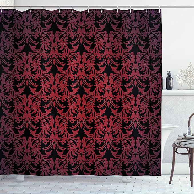 Ambesonne Victorian Shower Curtain, Antique EuropeDesign Floral Swirls and Leaves Ombre Image, Cloth Fabric Bathroom Decor Set with Hooks, 69" W x 75" L, Burgundy Vermilion