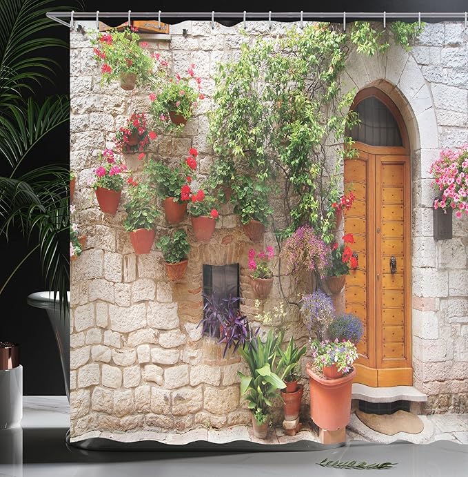 Ambesonne Tuscan Shower Curtain, Begonia Blossoms in Box Window Wooden Shutters Brick Wall Romagna Italy, Cloth Fabric Bathroom Decor Set with Hooks, 69" W x 75" L, Orange White Green