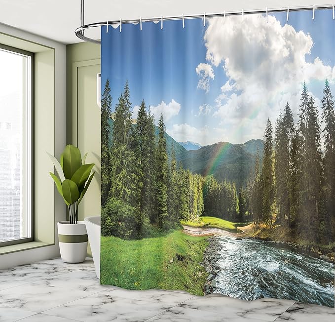 Ambesonne Landscape Shower Curtain, Riverside Flowing Mountain with Towering Pine Trees and Rainbow Clouds Sunny Day, Cloth Fabric Bathroom Decor Set with Hooks, 69" W x 75" L, Hunter Green