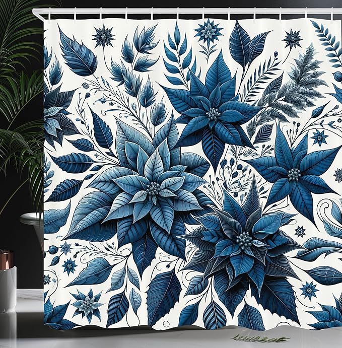 Ambesonne Christmas Shower Curtain, Monochromatic Poinsettia Flowers Xmas Theme Illustration Print, Cloth Fabric Bathroom Decor Set with Hooks, 69" W x 70" L, Night Blue and Dark Sky Blue
