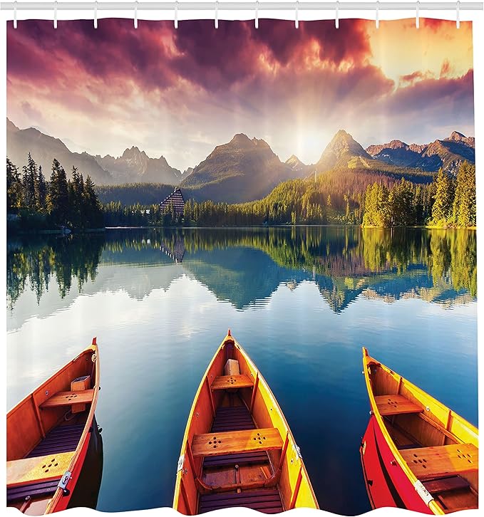 Ambesonne Landscape Shower Curtain, Sunset at Mountain Lake Strbske National Park Dramatic Sky and Boats, Cloth Fabric Bathroom Decor Set with Hooks, 69" W x 70" L, Orange Mauve