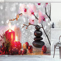 Ambesonne Spa Shower Curtain, Winter Christmas Themed with Pink Orchid Stone and Red Candles Image, Cloth Fabric Bathroom Decor Set with Hooks, 69" W x 84" L, White and Black