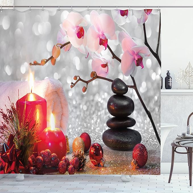 Ambesonne Spa Shower Curtain, Winter Christmas Themed with Pink Orchid Stone and Red Candles Image, Cloth Fabric Bathroom Decor Set with Hooks, 69" W x 84" L, White and Black