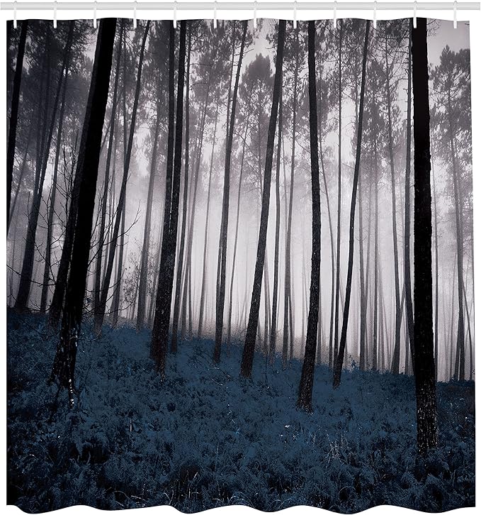 Ambesonne Forest Shower Curtain, Mystical Fantasy Woodland Under Heavy Fog Tall Trees Bushes Contrast Colors, Cloth Fabric Bathroom Decor Set with Hooks, 69" W x 84" L, Petrol Black