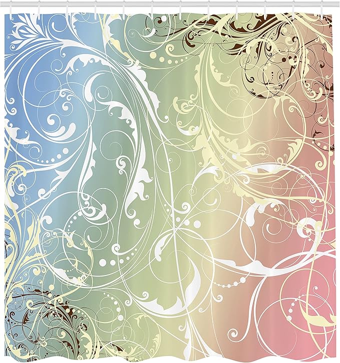 Ambesonne Floral Shower Curtain, Baroque Swirl Branches Curved Flower Leaves Shabby Form Nature Pattern, Cloth Fabric Bathroom Decor Set with Hooks, 69" W x 84" L, Pale Sky