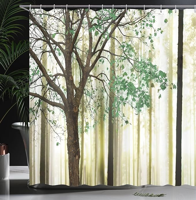 Ambesonne Autumn Shower Curtain, Fall Trees Leaves on Woodland Background Picture, Cloth Fabric Bathroom Accessories Set with 12 Hooks Home Decor for Restroom and Guest Room, 69" W x 70" L, Fern Green