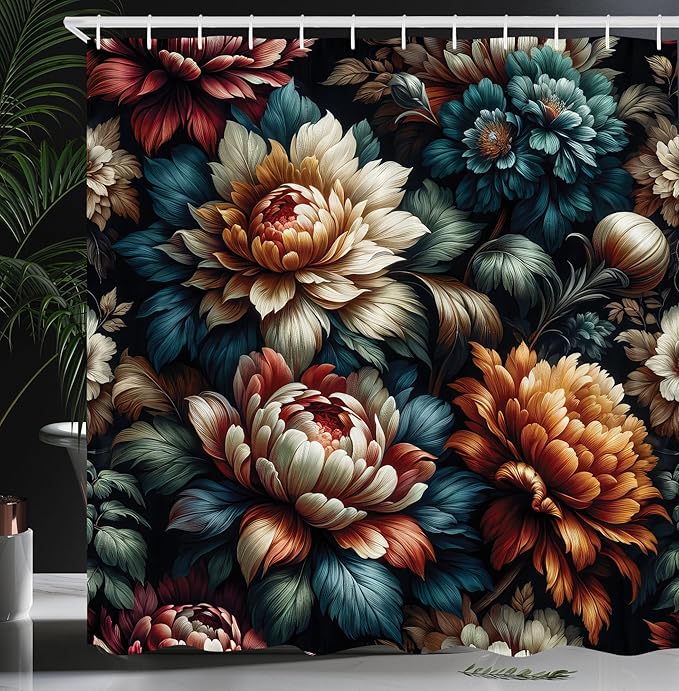 Ambesonne Floral Shower Curtain, Vintage Colorful Blooms and Dahlia Petals Look Closeup Illustration Art, Cloth Fabric Bathroom Decor Set with Hooks, 69" W x 70" L, Teal Coral and Sea Blue