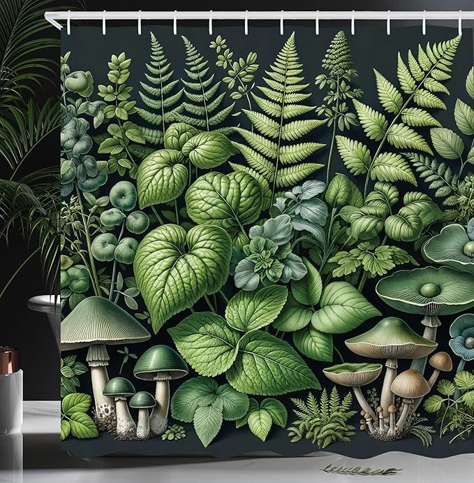 Ambesonne Botanical Shower Curtain, Fantasy Forest Jungle Themed Fern Leaves and Mushroom Jumble Design Nature, Cloth Fabric Bathroom Decor Set with Hooks, 69" W x 84" L, Pistachio Green