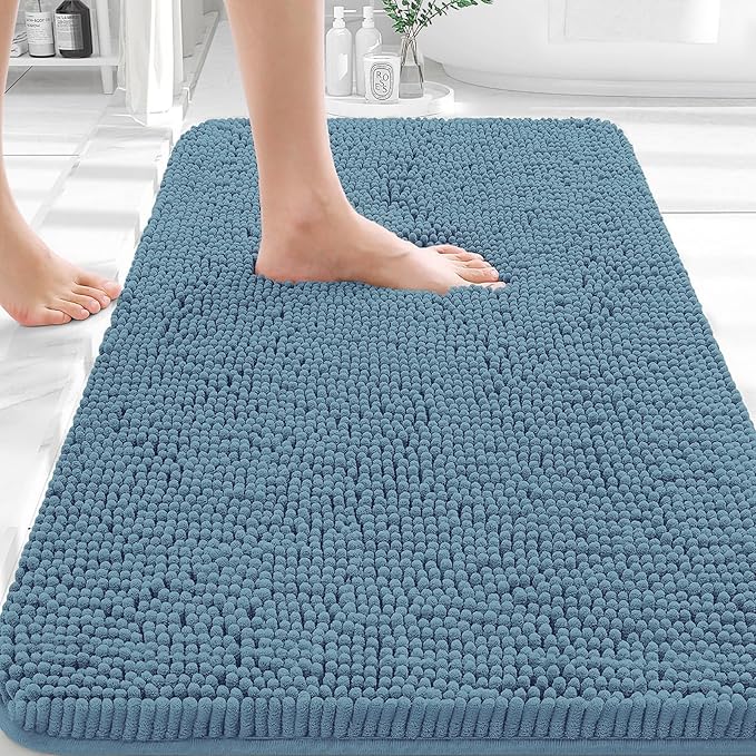 OLANLY Bathroom Rugs 35x24, Extra Soft Absorbent Chenille Bath Rugs, Rubber Backing Quick Dry, Machine Washable Bath Mats for Bathroom Floor, Tub and Shower, Home Decor Accessories, Airy Blue