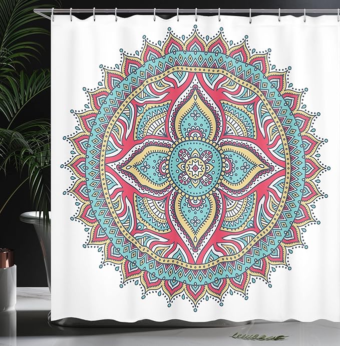 Ambesonne Mandala Shower Curtain, Round Pattern with Bohemian Floral Nature Theme Style Illustration, Cloth Fabric Bathroom Decor Set with Hooks, 69" W x 70" L, Pink Navy