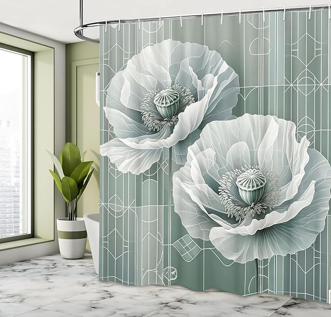 Ambesonne Green Shower Curtain, Futuristic Design of Poppy Flowers with Dreamy Petals and Scandi Lines, Cloth Fabric Bathroom Decor Set with Hooks, 69" W x 84" L, Blue Grey Dark Cadet Blue