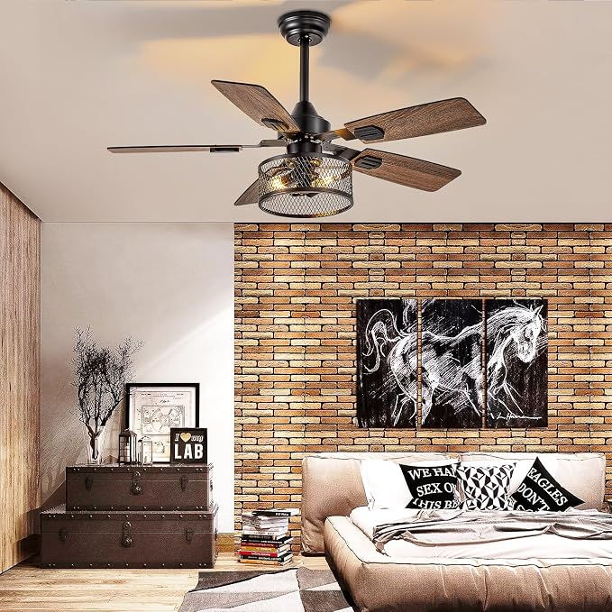 Depuley 42-Inch Ceiling Fans with Lights: Caged Ceiling Fans Dual Finish 5 Blades - Farmhouse Ceiling Fan with Remote Control for Rustic Living Room Outdoor Patio Reversible (Black Walnut)