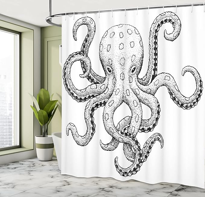 Ambesonne Octopus Shower Curtain, Sketch Style Print of Deadly Blue Ringed Octopus Camouflage Marine Animal Aquatic, Cloth Fabric Bathroom Decor Set with Hooks, 69" W x 75" L, Black Ecru
