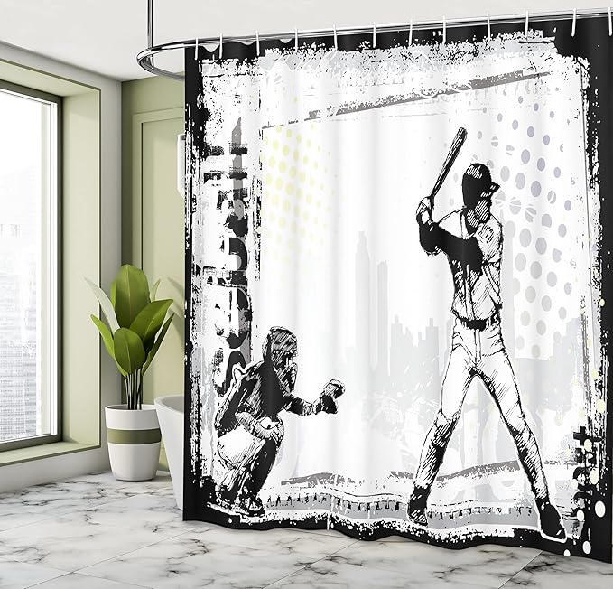 Ambesonne Sports Shower Curtain, Baseball Themed American Sport Team Rustic Design Silhouette Illustration Print, Cloth Fabric Bathroom Decor Set with Hooks, 69" W x 75" L, White Black