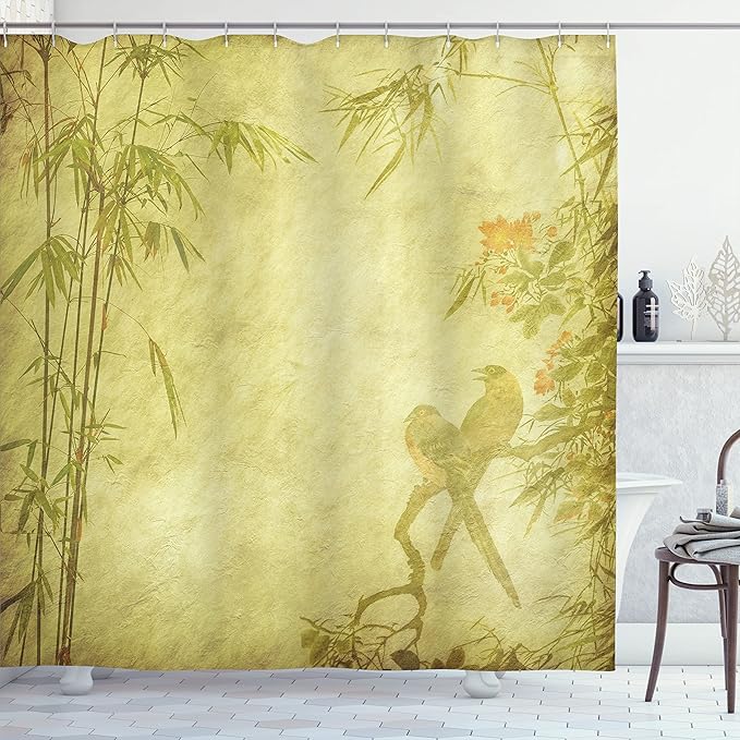 Ambesonne Asian Themed Shower Curtain, Silhouettes of Birds on The Branch Twig Retro Inspired Wild Life Art Print, Cloth Fabric Bathroom Decor Set with Hooks, 69" W x 84" L, Green