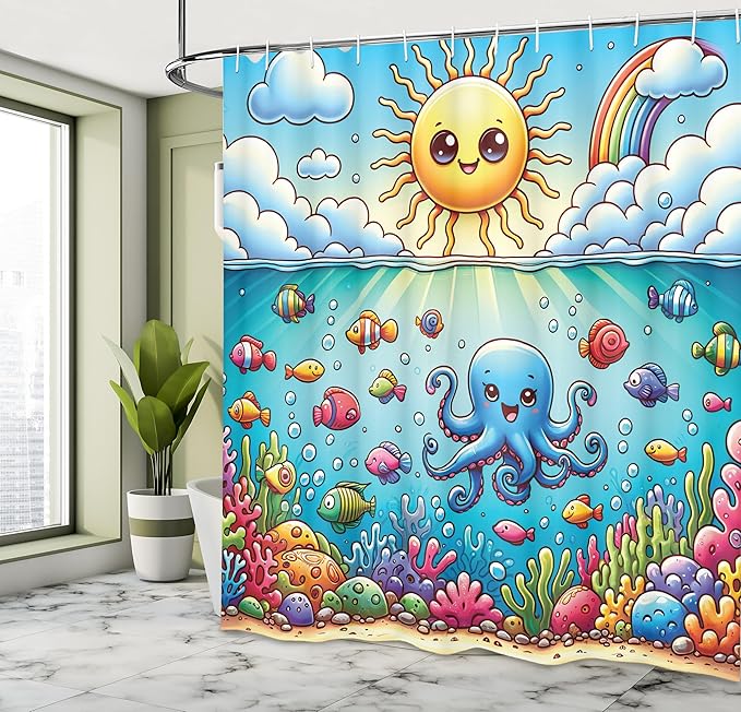 Ambesonne Ocean Shower Curtain, Nautical Happy Sun Octopus and Fish Characters with Cloudy Sea Scenery, Cloth Fabric Bathroom Decor Set with Hooks, 69" W x 84" L, Mustard Blue Multicolor