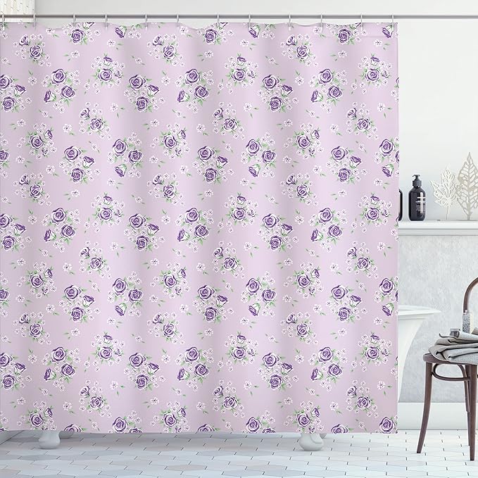 Ambesonne Vintage Shower Curtain, Romantic Shabby Form Style Inspired Flowers with Little Roses Lilacs Artwork, Cloth Fabric Bathroom Decor Set with Hooks, 69" W x 70" L, Purple Grey