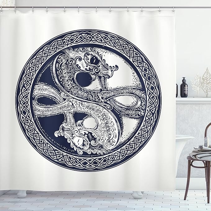 Ambesonne Celtic Dragon Shower Curtain, Mystic Yin Yang Creatures in Round Frame, Cloth Fabric Bathroom Decor Set with Hooks, 69" W x 70" L, Violet Blue Off White