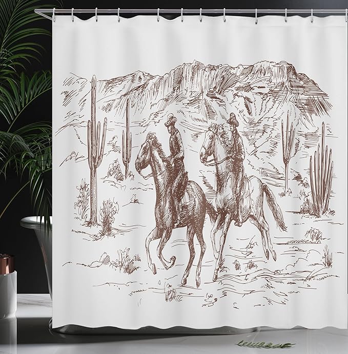 Ambesonne Western Shower Curtain, Country Theme Hand Drawn Illustration of American Wild West Desert with Cowboys, Cloth Fabric Bathroom Decor Set with Hooks, 69" W x 75" L, Umber Pearl