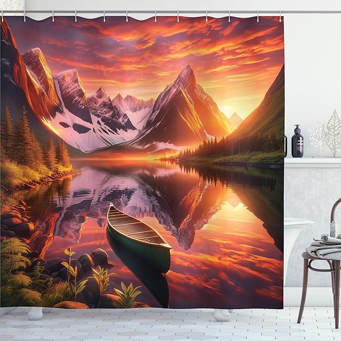 Ambesonne Lake Shower Curtain, Mural Like Landscape Lonely Boat on Reflection Trres and Mountains, Cloth Fabric Bathroom Decor Set with Hooks, 69" W x 70" L, Olive Green and Burnt Sienna