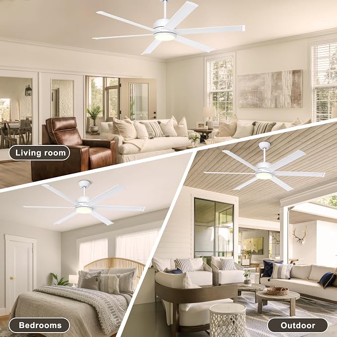 Ohniyou 60" White Industrial Ceiling Fan with Light for Patio, Living Room | Remote & APP Control, 3CCT Dimmable, DC Motor, 6 Aluminum Blades, Covered Outdoor Metal Fan