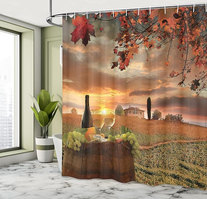Ambesonne Winery Shower Curtain, White Wine with Cask on Vineyard at Sunset in Chianti Tuscany Italy, Cloth Fabric Bathroom Decor Set with Hooks, 69" W x 70" L, Apple Green