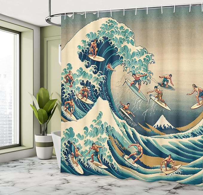 Ambesonne Japanese Wave Shower Curtain, Surfers on Classic Asian Artwork Style with Recreation of Ukiyo-e, Cloth Fabric Bathroom Decor Set with Hooks, 69" W x 70" L, Seafoam Blue Eggshell