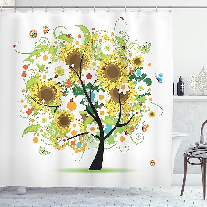 Ambesonne Sunflower Shower Curtain, Floral Tree with Daisies Sunflowers Butterflies Ladybugs Spring Fantasy Joyful, Cloth Fabric Bathroom Decor Set with Hooks, 69" W x 84" L, Green Black