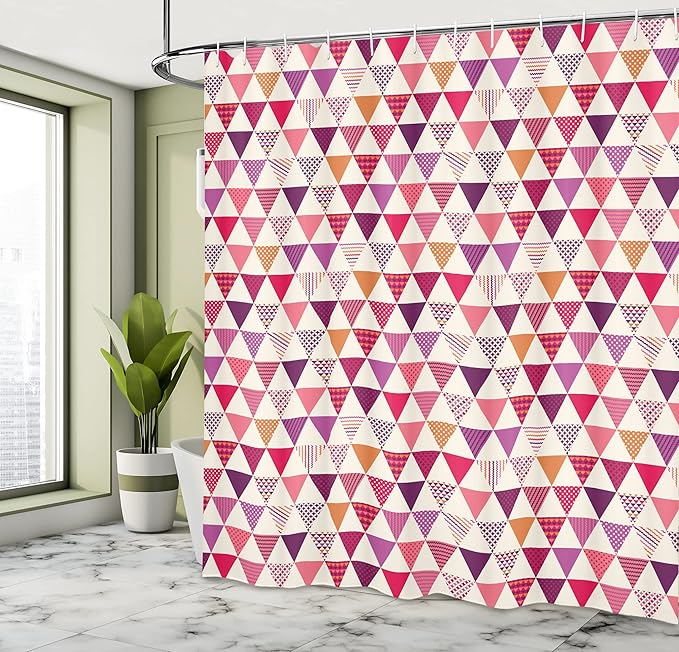 Ambesonne Pink Shower Curtain, Geometric Triangle Patterns with Polka Dots Lines Zig Zag Prints Abstract Image Print, Cloth Fabric Bathroom Decor Set with Hooks, 69" W x 70" L, Multicolor Ivory