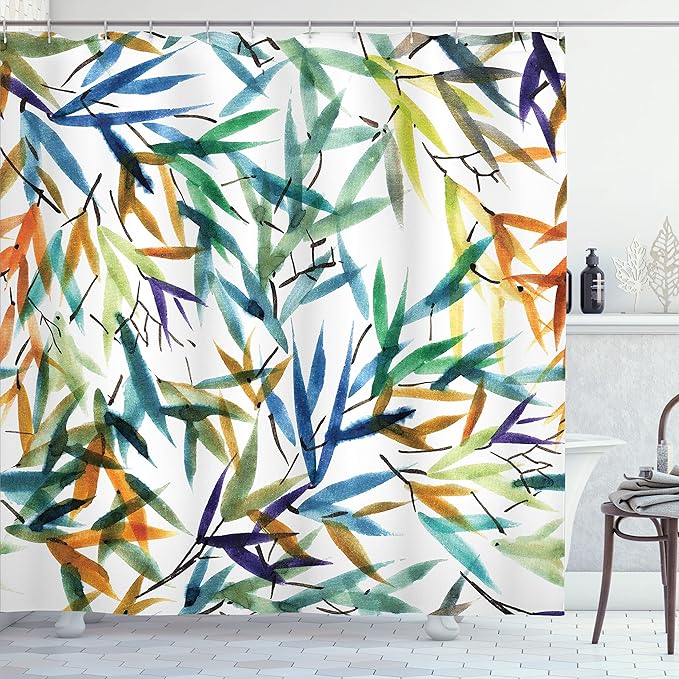 Ambesonne Traditional Shower Curtain, Colorful Bamboo Tree Leaves Hand Drawn Style Plants Picture Print, Cloth Fabric Bathroom Decor Set with Hooks, 69" W x 70" L, Multicolor White