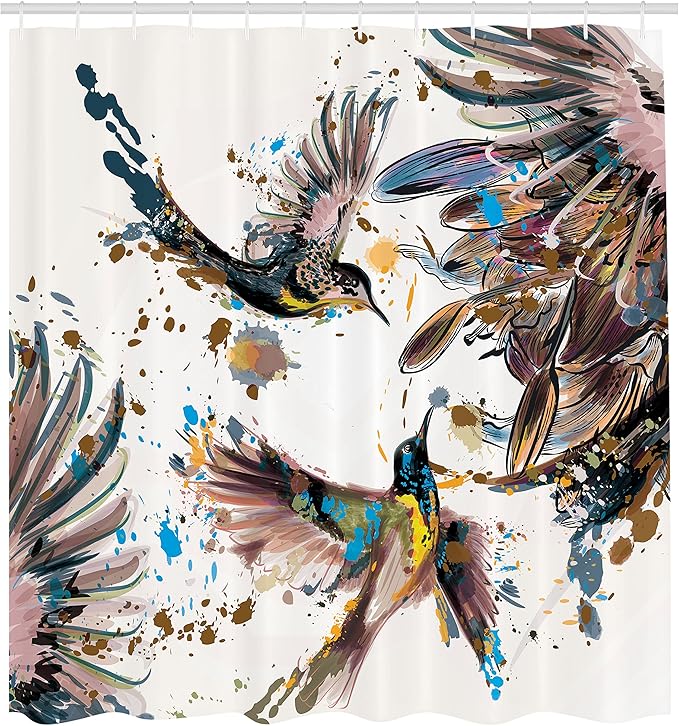 Ambesonne Hummingbird Shower Curtain, Art Lily Flowers Birds and Color Splashes in Watercolor Painting Style, Cloth Fabric Bathroom Decor Set with Hooks, 69" W x 70" L, Blush Teal