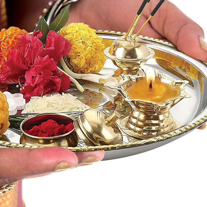 HAZEL Stainless Steel Puja Pooja Aarti Thali Set, 22 cm with 1 Pc Diva, Agarbatti Incense Holder and Kumkum Wati, Silver