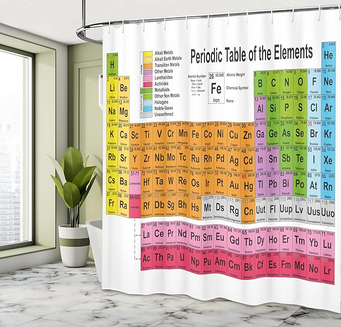 Ambesonne Periodic Table Shower Curtain Home & Classroom Decorations Science Freak Chemistry Lovers Colorful Element Table for Fun Learning Image Cloth Fabric Set with Hooks 69" W x 75" L, White Pink